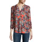 Liz Claiborne Long-sleeve Printed V-neck Peasant Top