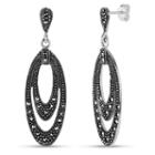 Sterling Silver Double Layered Marquise Shaped Drop Earrings Featuring Swarovski Marcasite