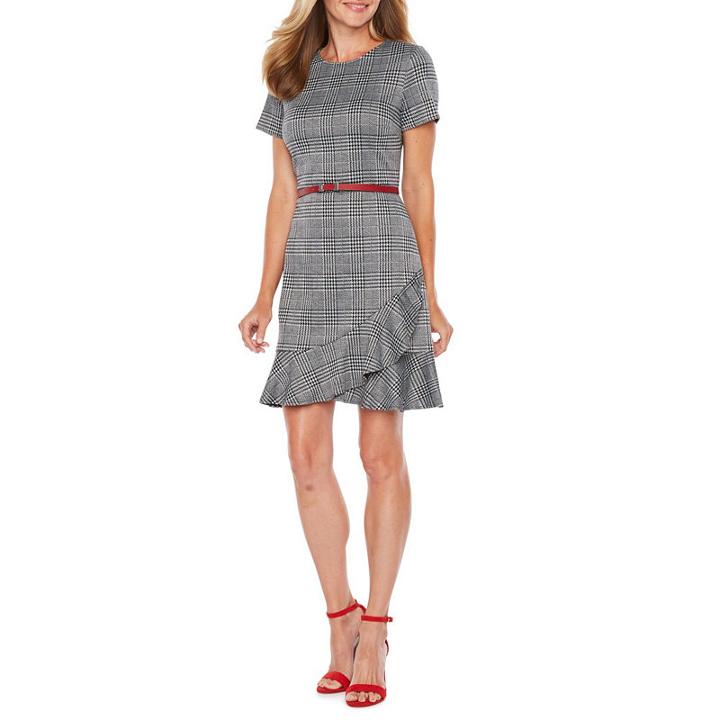 London Times Short Sleeve Plaid Fit & Flare Dress