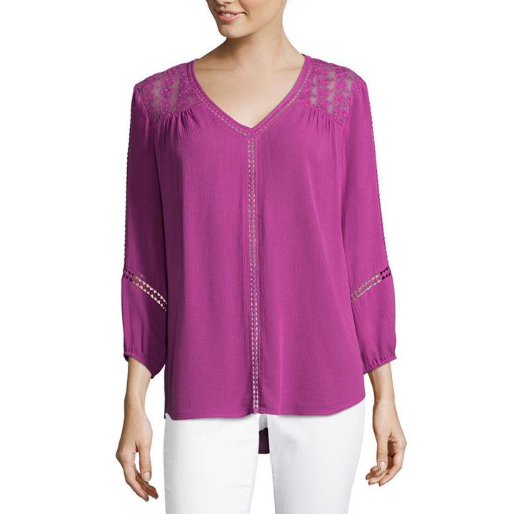 Liz Claiborne 3/4 Sleeve V Neck Crepon Blouse
