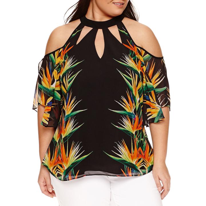 Bisou Bisou 3/4 Sleeve Mock Neck Woven Blouse-plus