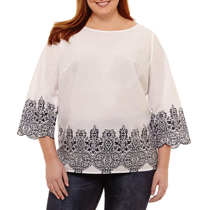 Liz Claiborne 3/4 Sleeve Scalloped Top- Plus