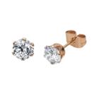 Cubic Zirconia 6mm Stainless Steel And Rose-tone Ip Stud Earrings