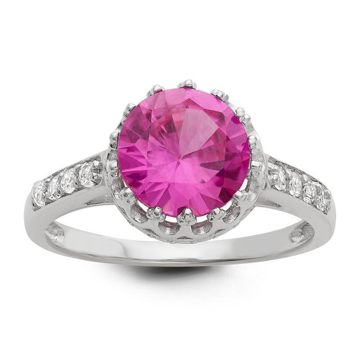 Womens Lab Created Sapphire Pink Sterling Silver Round Cocktail Ring