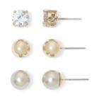 Monet Simulated Pearl And Crystal Gold-tone 3 Pr. Stud Earring Set