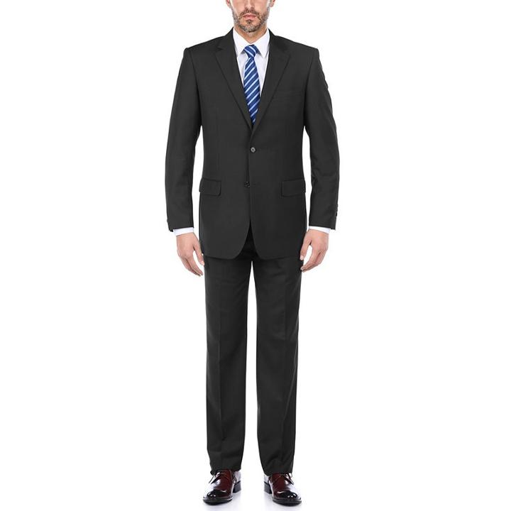 Verno Men's Black 100 Wool Classic Fit Single Breast Solid Two Piece Suit