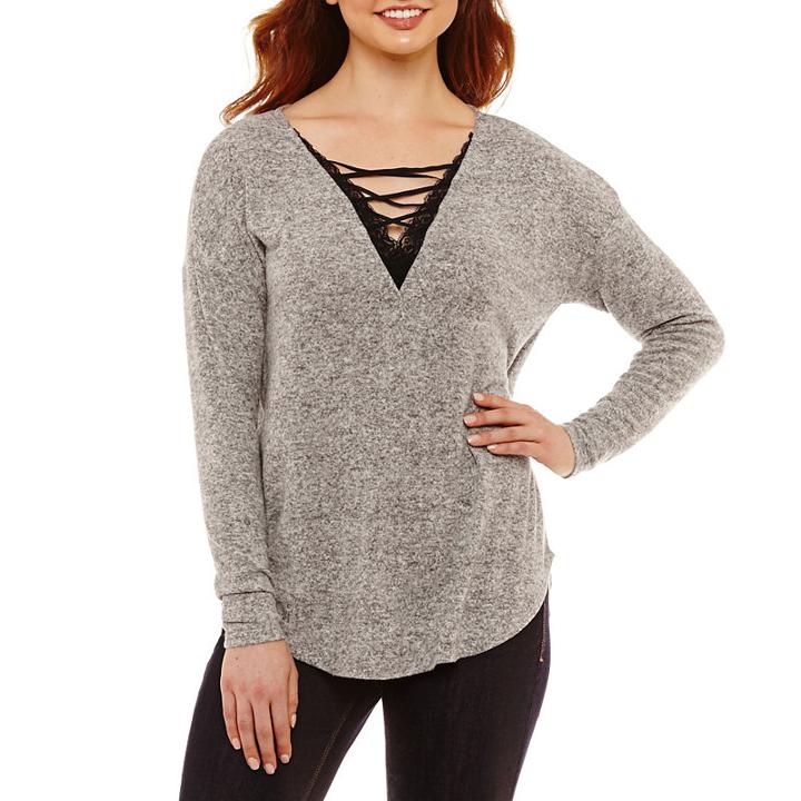 Bold Elementslong Sleeve Cozy Trim Lace-up Knit Top