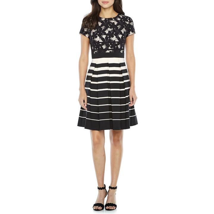 Danny & Nicole Short Sleeve Lace Stripe Fit & Flare Dress