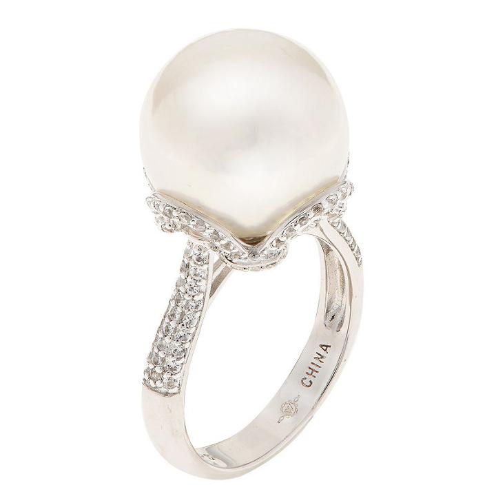 Womens 13mm White Cultured Freshwater Pearls Sterling Silver Round Cocktail Ring