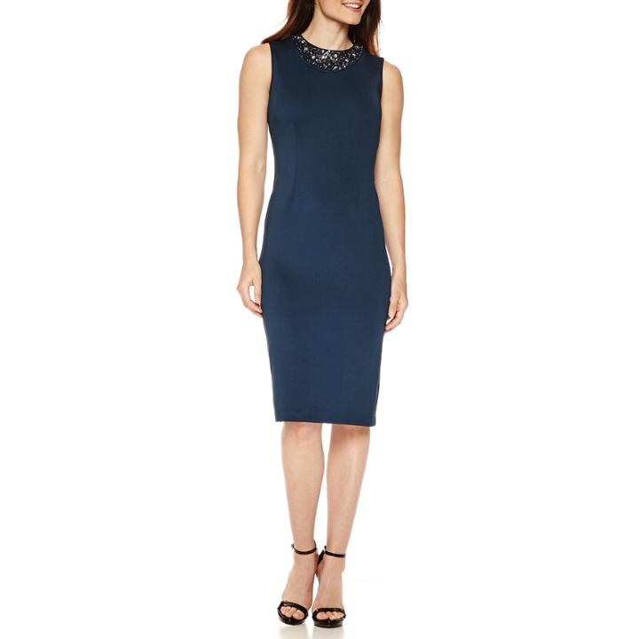 Sl Fashions Sleeveless Beaded-trim Midi Sheath Dress