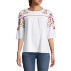 St. John's Bay Embroidered Elbow Ruffled Sleeve Peasant Top
