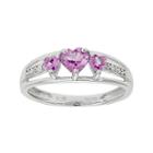 Lab-created Pink Sapphire Heart-shaped 3-stone Sterling Silver Ring