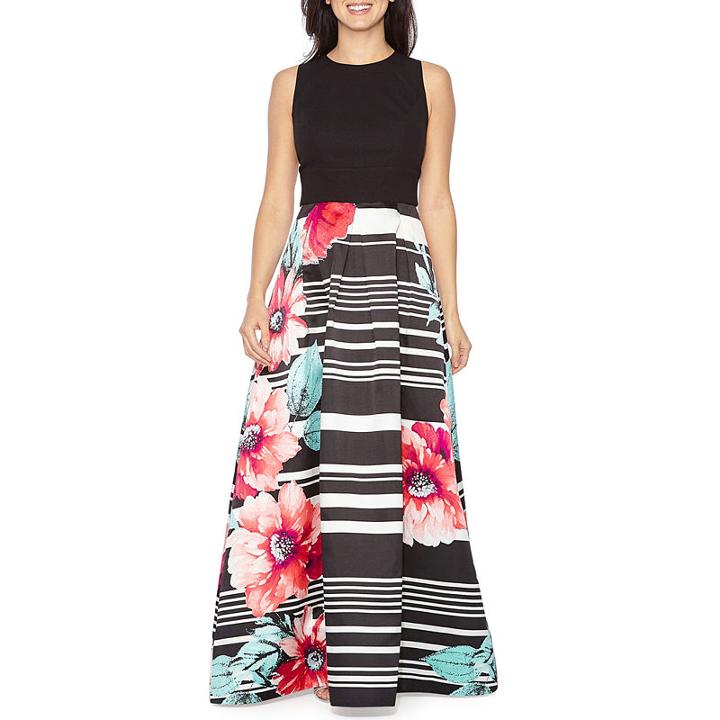 Melrose Sleeveless Floral Stripe Evening Gown