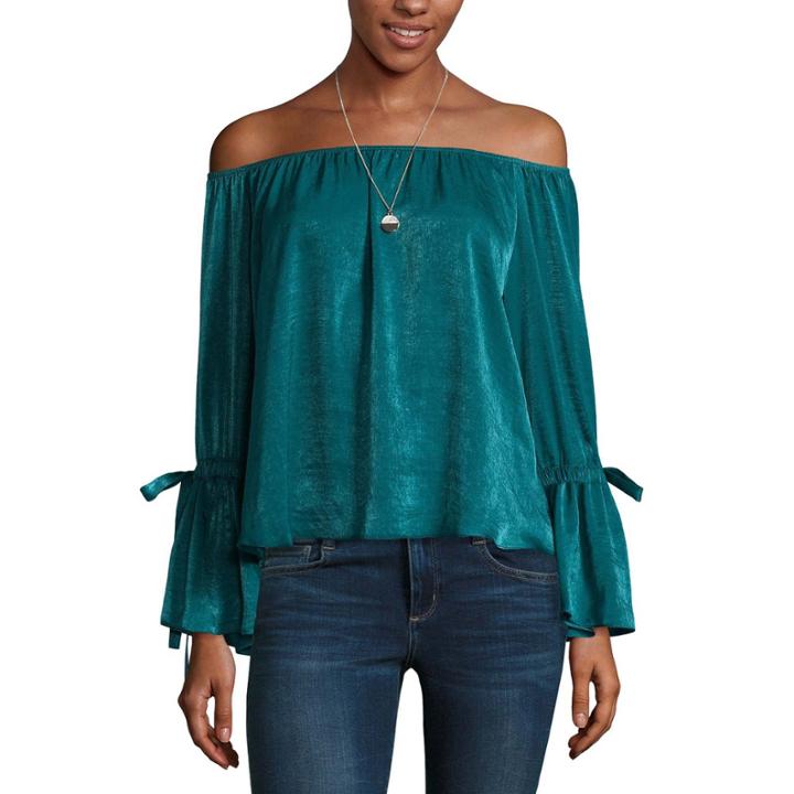 By & By Long Sleeve Round Neck Satin Blouse-juniors