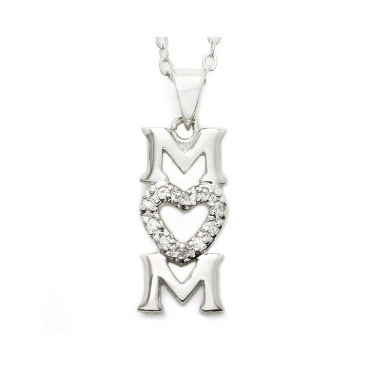 City By City Cubic Zirconia Silver-tone Vertical Mom Heart Pendant Necklace