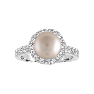 Womens Pearl & Lab-created White Sapphires Sterling Silver Cocktail Ring