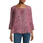 Self Esteem Long Sleeve Split Crew Neck Chiffon Pattern Blouse-juniors