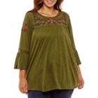 3/4 Bell Sleeve High Neck Embroidered Blouse - Plus