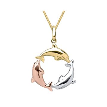 Infinite Gold&trade; 14k Tri-tone Gold Dolphin Circle Pendant Necklace