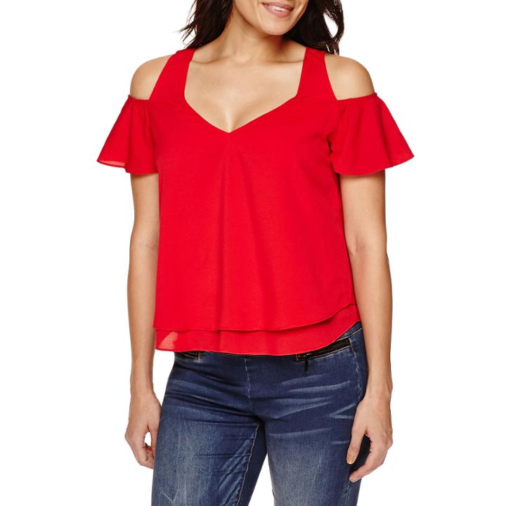 Bisou Bisou Short-sleeve Cold-shoulder Layered Flare Top