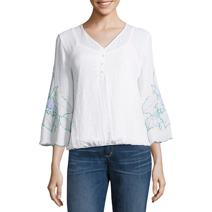 Liz Claiborne 3/4 Scalloped Hem Sleeve V Neck Woven Embroidered Blouse