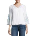 Liz Claiborne 3/4 Scalloped Hem Sleeve V Neck Woven Embroidered Blouse