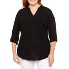 Worthington 3/4 Sleeve Button Front Woven Blouse-plus
