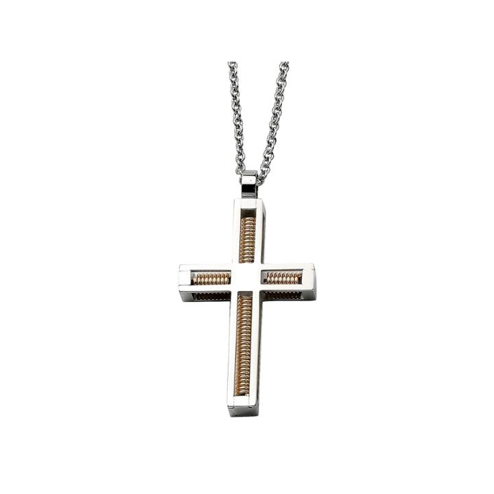 Mens Stainless Steel Rose-tone Ion-plated Cross Pendant