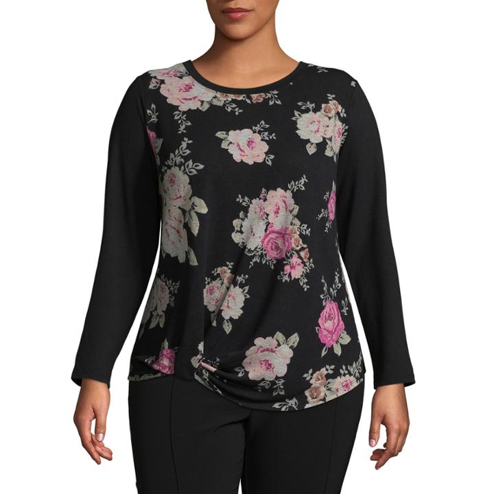 Alyx Long Sleeve Round Neck Floral T-shirt-womens Plus