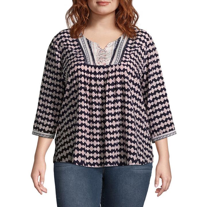 3/4 Sleeve Printed Peasant Blouse - Plus