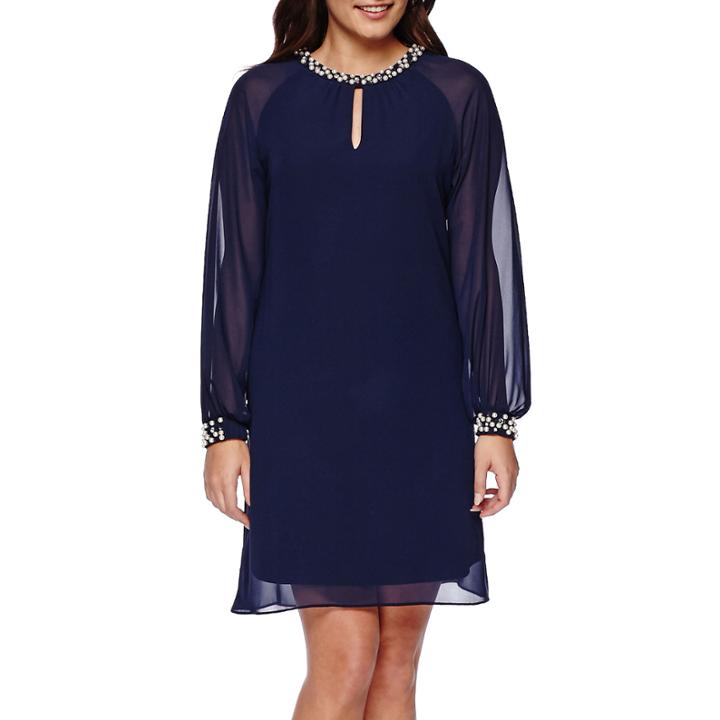 Sl Fashions Long-sleeve Pearl-trim Shift Dress