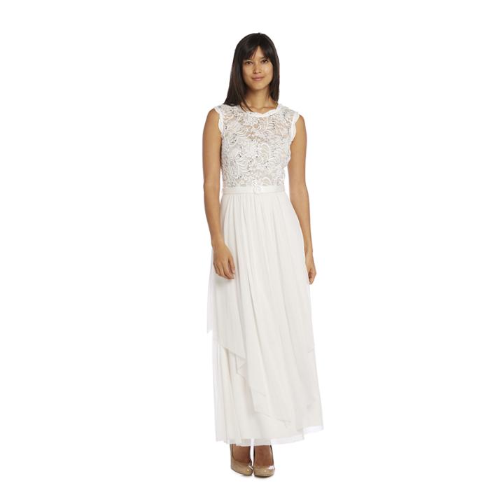R & M Richards Hankie Panel Lace Sleeveless Belted Evening Gown-petites