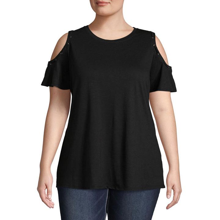 Bold Elements Cold Shoulder Sleeve Round Neck Woven Blouse - Plus