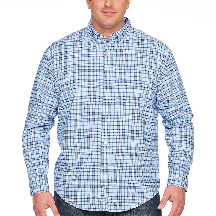 Izod Long Sleeve Plaid Oxford Woven Button-front Shirt-big And Tall