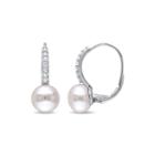 Cultured Freshwater Pearl And Genuine White Sapphire 10k Gold Earrings