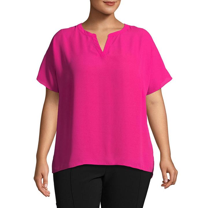 Worthington Short Sleeve Y Neck Woven Blouse-plus