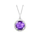 Genuine Amethyst Sterling Silver Cushion Halo Pendant Necklace