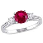 Womens Diamond Accent Lab Created Round Red Ruby 10k Gold 3-stone Ring