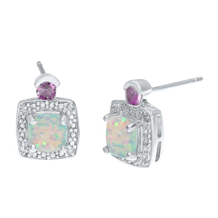 Diamond Accent Cushion White Opal Sterling Silver Stud Earrings