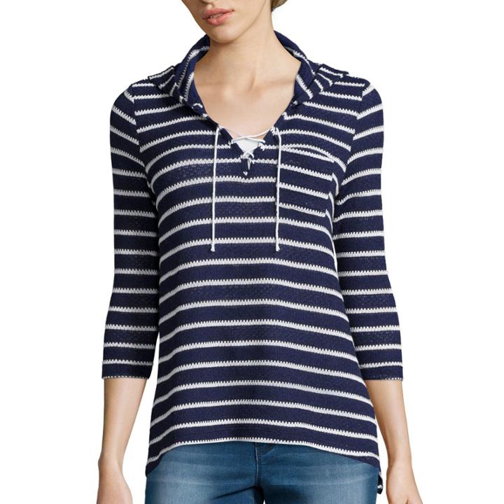 Almost Famous Long-sleeve Lace-up Striped Knit Hoodie - Juniors