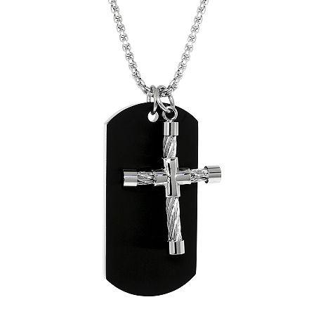 Mens Stainless Steel Cable Cross & Black Ip Dog Tag Pendant Necklace