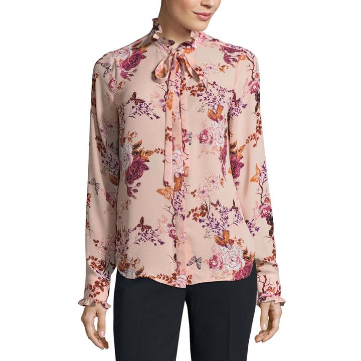 Worthington Long Sleeve Crew Neck Crepe Blouse