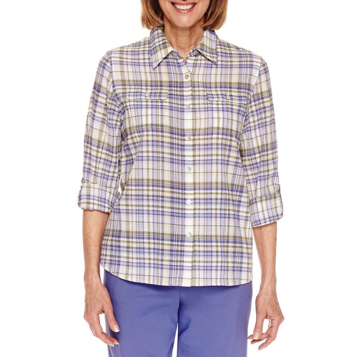 Alfred Dunner Cyprus Roll Sleeve Button Front Shirt - Petite