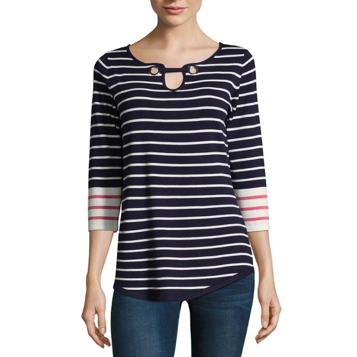 Isela 3/4 Sleeve Grommet Striped Tunic Top
