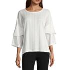 Liz Claiborne Tiered Sleeve Crew Neck Crepe Blouse-womens