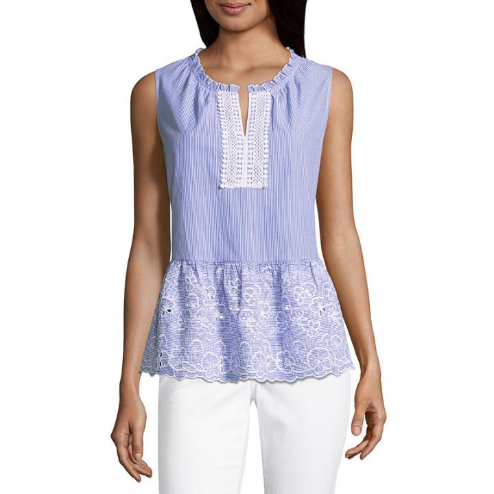 Liz Claiborne Sleeveless Embroidered Ruffle Hem Top
