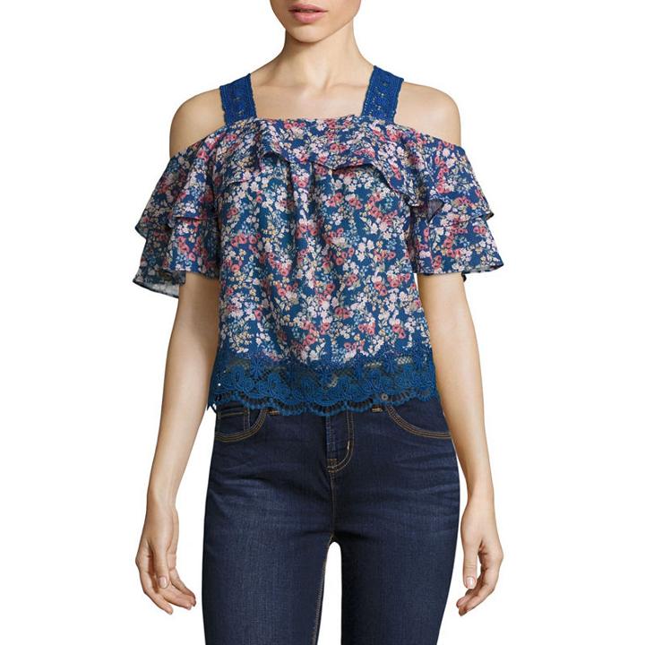 Self Esteem Short Sleeve Cold Shoulder Sleeve Floral Peasant Top-juniors