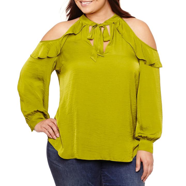 Bisou Bisou Long Ruffle Cold Shoulder Sleeve Tie Neck Woven Blouse-plus