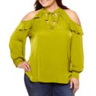 Bisou Bisou Long Ruffle Cold Shoulder Sleeve Tie Neck Woven Blouse-plus