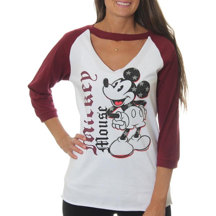 Mickey Mouse Juniors' Classic Cartoon Pose Raglanchoker 3/4 Sleeve Graphic Top